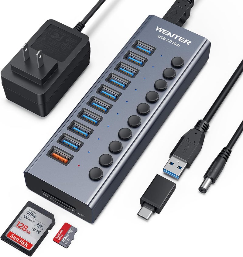 Wenter Powered USB Hub 3.0 with SD/TF Card Reader, Aluminum 10 Port Powered USB Hub (9 USB 3.0 Data Transfer Port & 1 USB Fast Charging Port Hub) USB 3.0 Hub for PC, Laptop - Image 1
